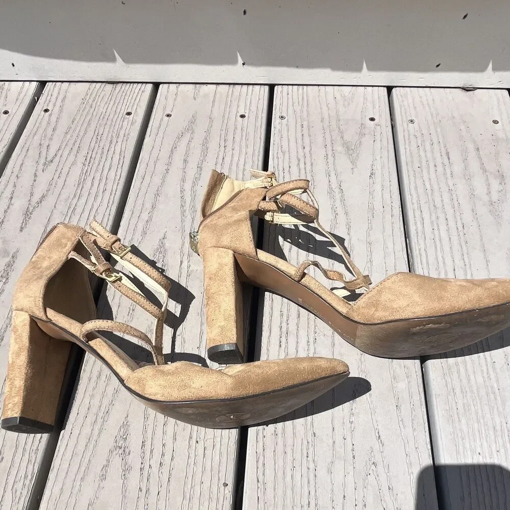 Adrienne Vittadini Women’s Beige Suede Pointed Toe Strappy Block Heels US 10
